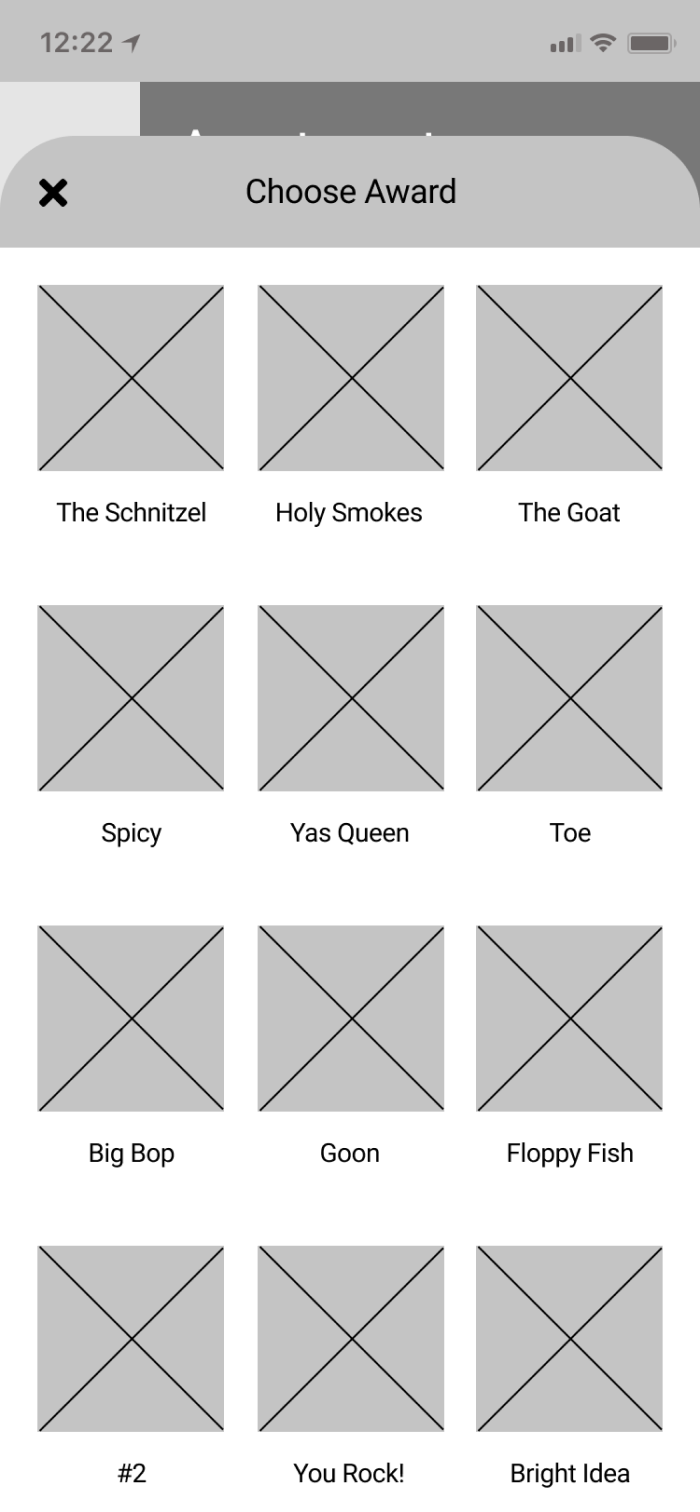 A low fidelity mockup of the screen where users choose an award to give to a friend.