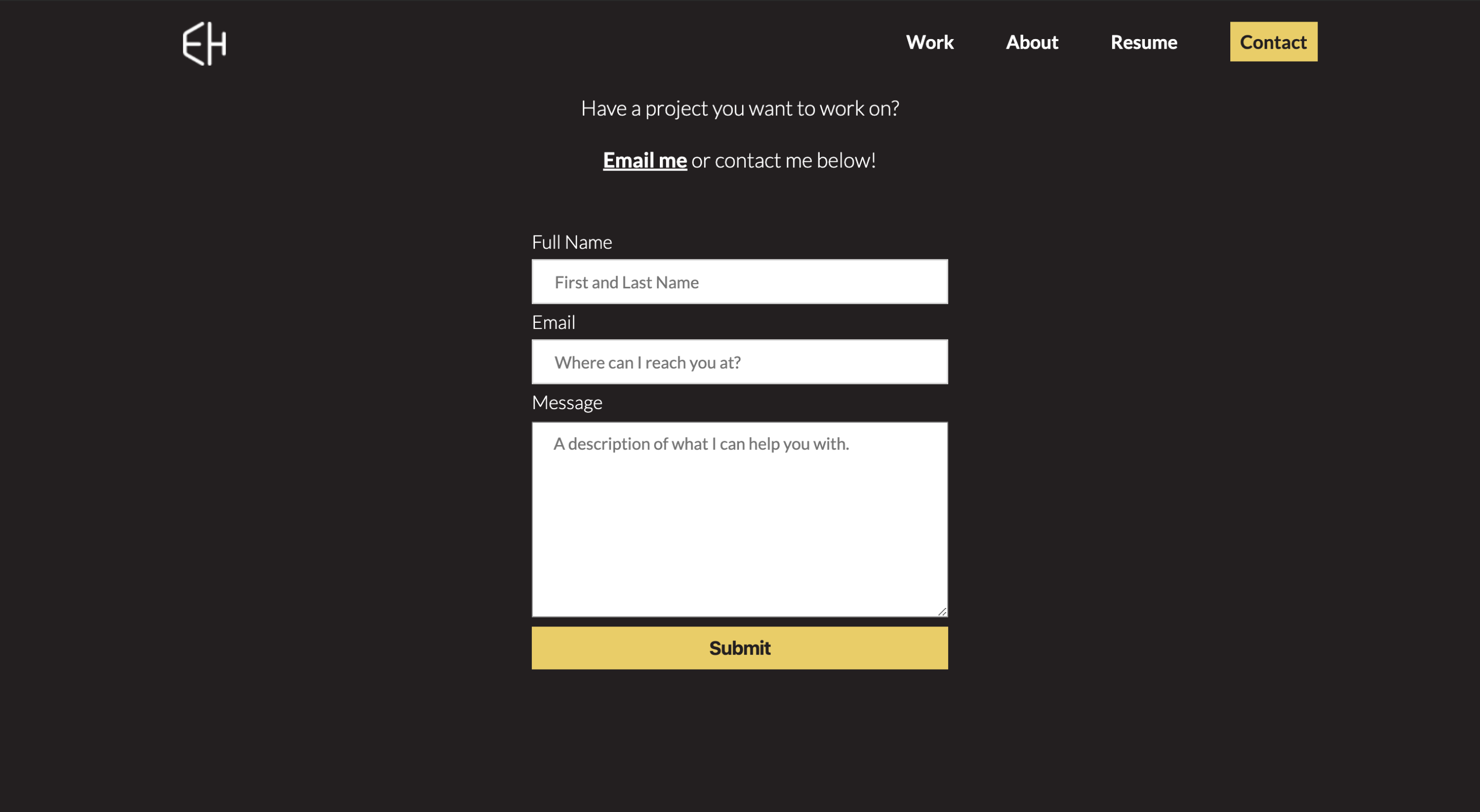A screenshot of the Contact page from my initial portfolio. The screenshot showcases how it gave the user the option to email or contact via the contact page.