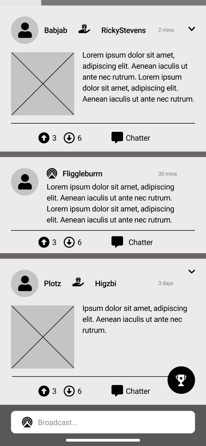 A low fidelity mockup of what the group feed screen would look like.
