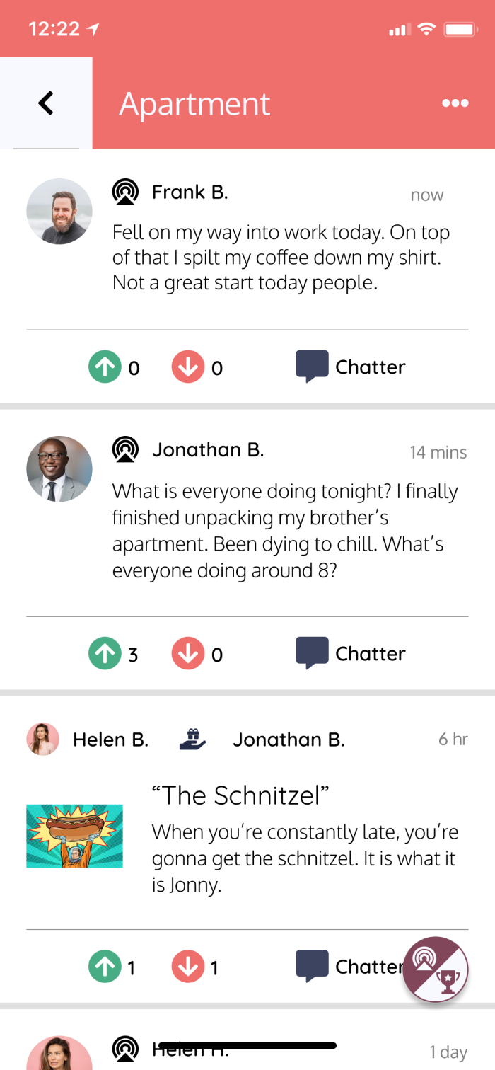 A high fidelity mockup of the Group Feed Screen.