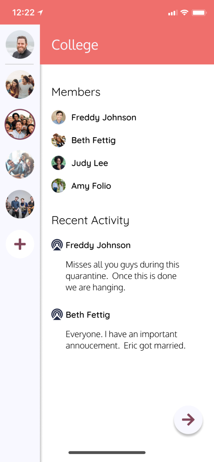 Initial screen design for the all groups screen.