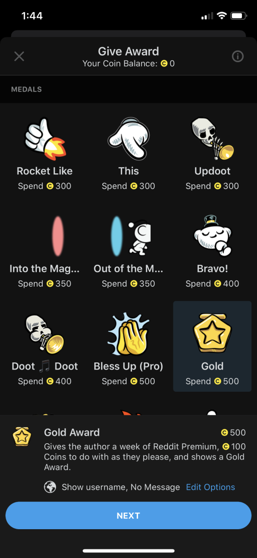 A screenshot of Reddit's process of awarding posts.