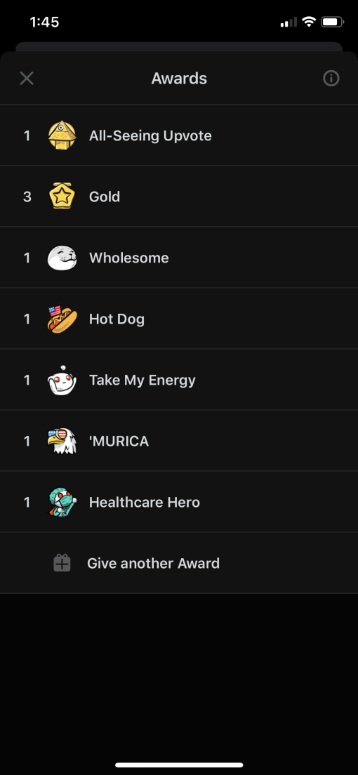 A screenshot of Reddit's way of looking at awards on a specific post.