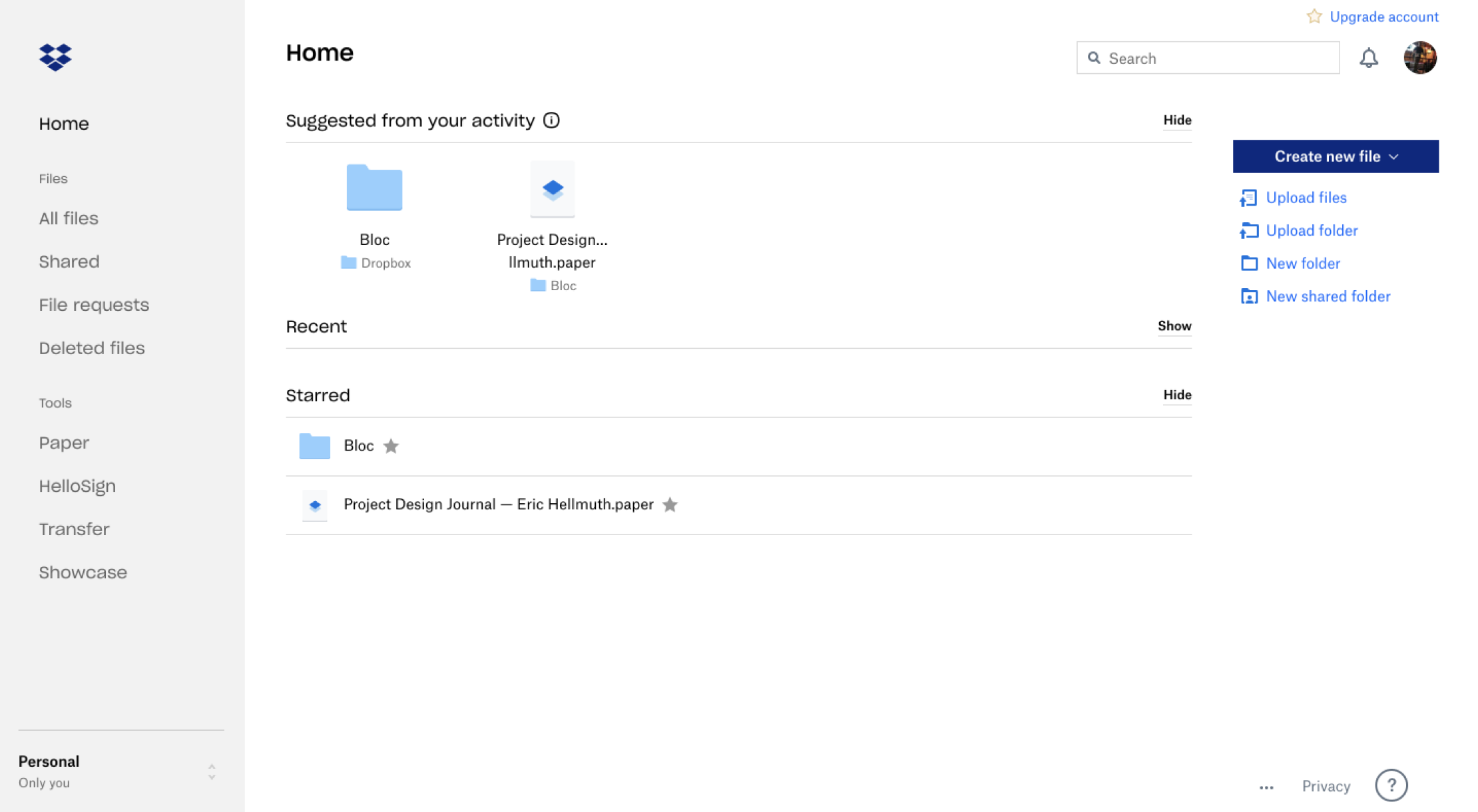 Screenshot of the Dropbox dashboard.