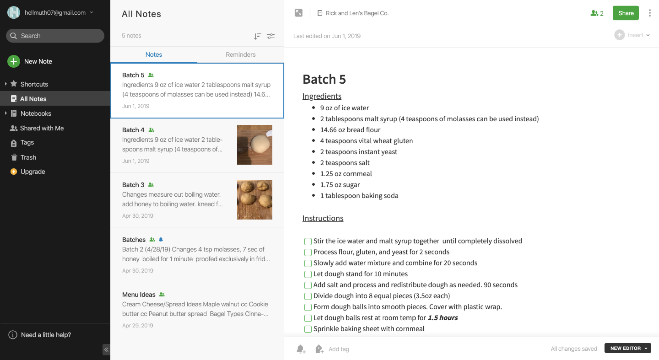 Screenshot of the Evernote dashboard.