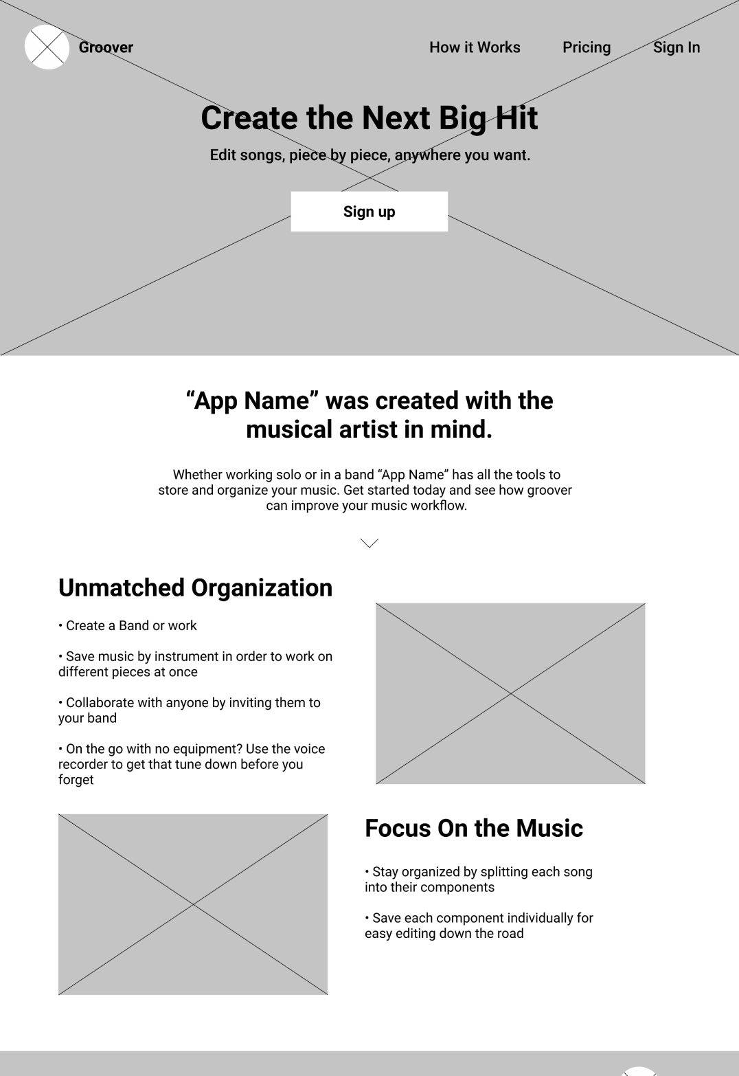 Low fidelity mock-up of the landing page of TuneCan.