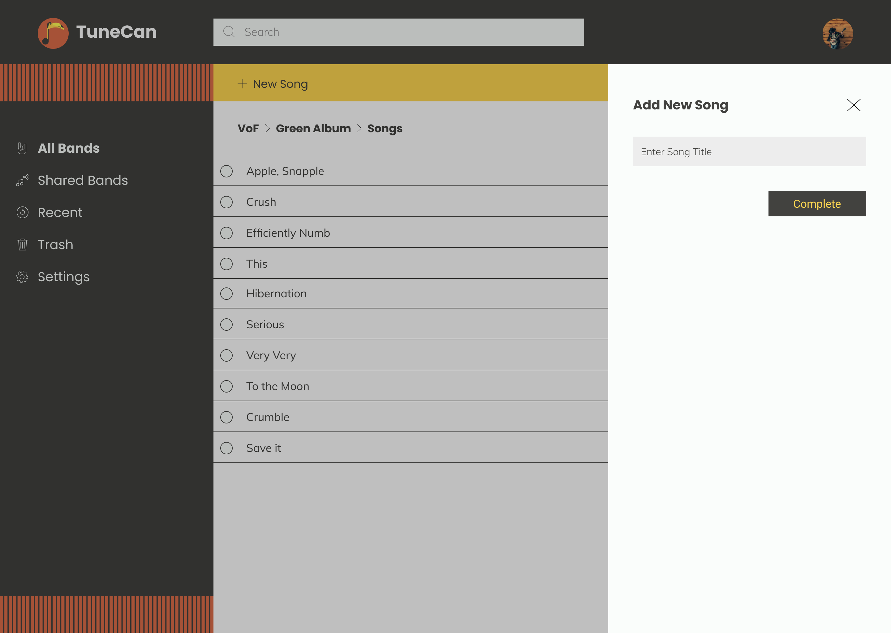 Screenshot of the initial "Add New Song" as a side menu.