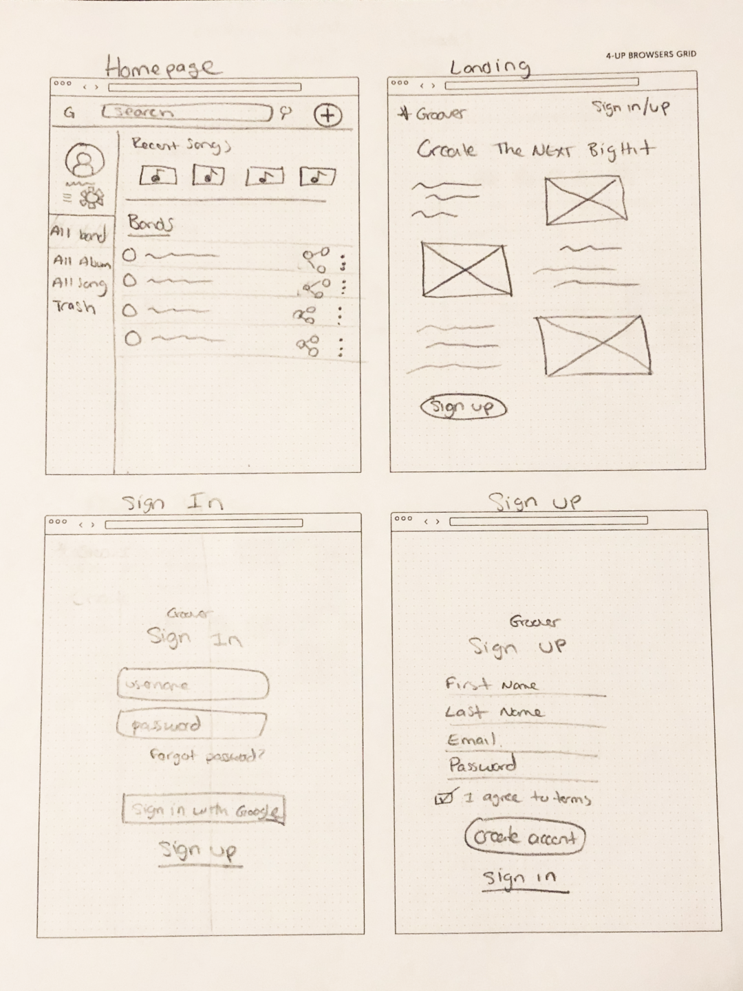 Initial sketches of the homepage, sign up, and sign in.
