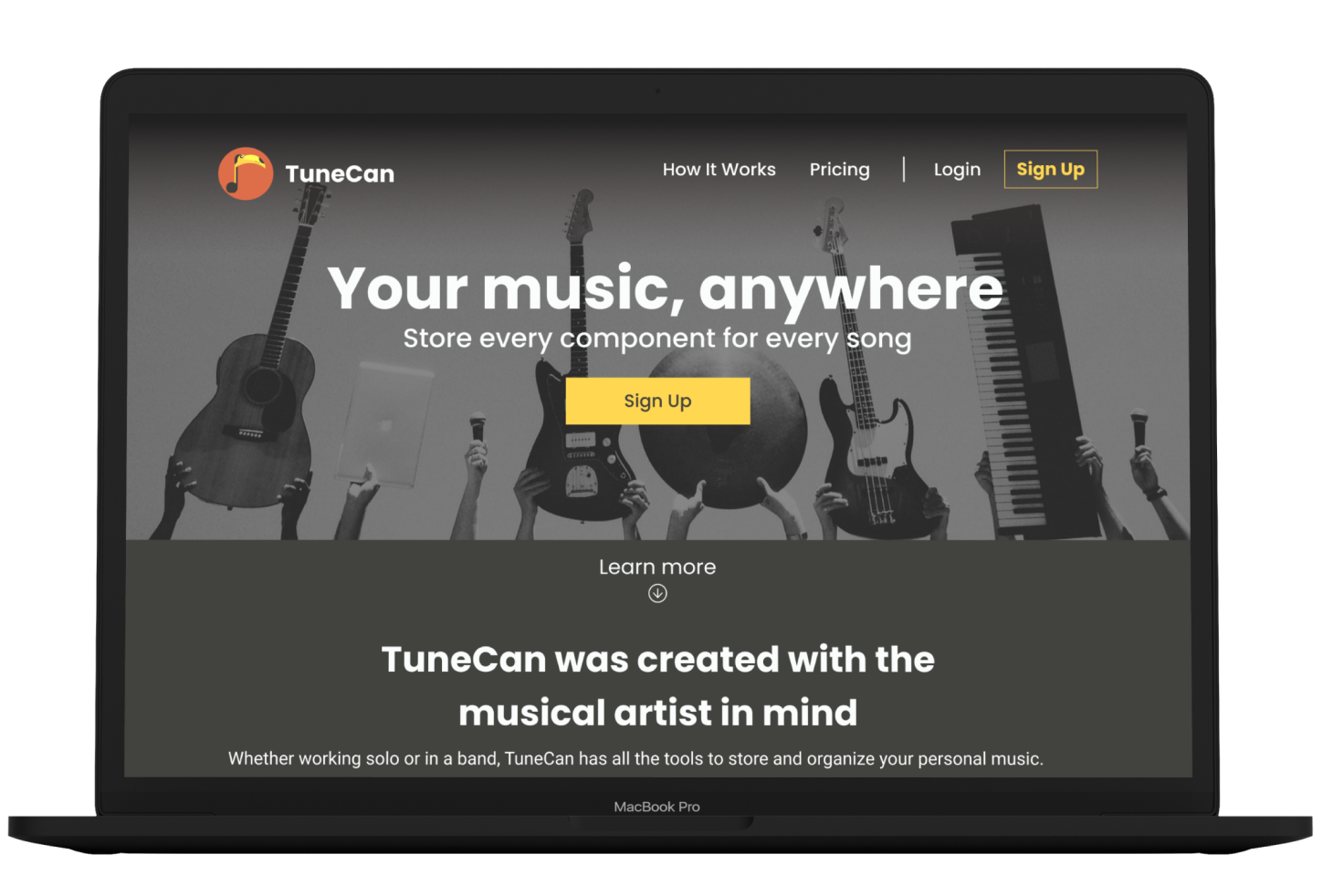 Hero Image of the homepage of Tunecan on a Macbook pro.