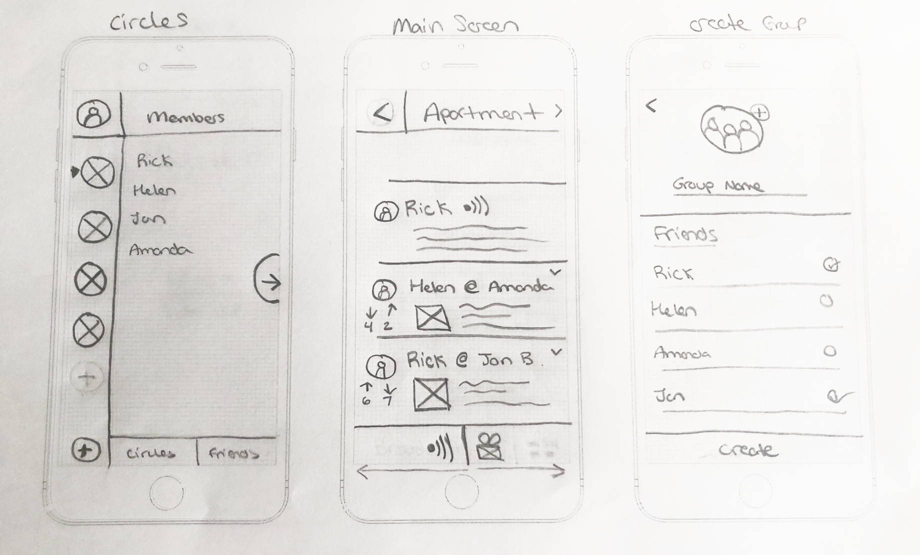 Mockup drawings of circles screen , main feed screen, and create group screen.